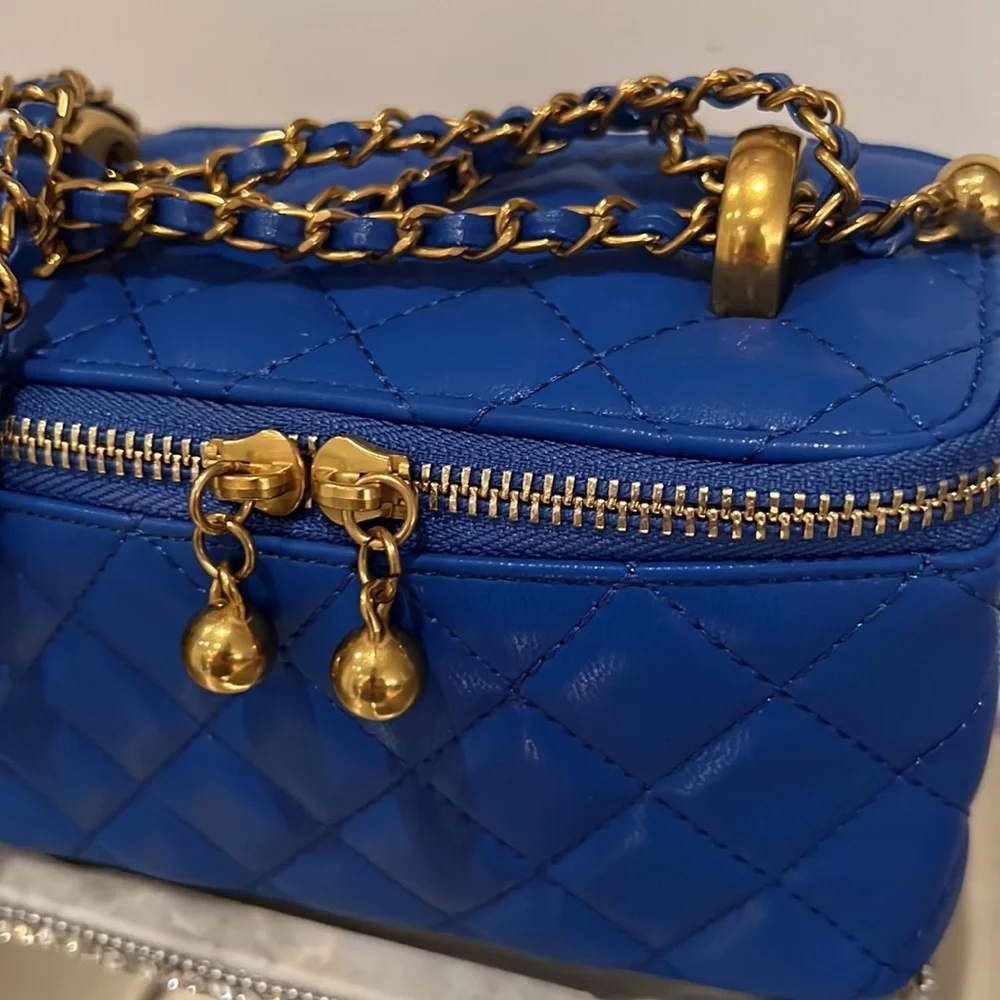 Handbag Quilted Royal Blue Make up Bag Leather 7”x4”x3”_2